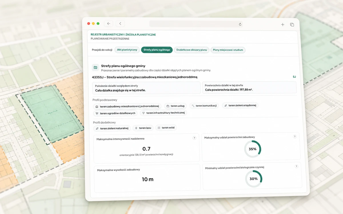 Parametry planowania przestrzennego dla działki przedstawione nad mapą stref planistycznych