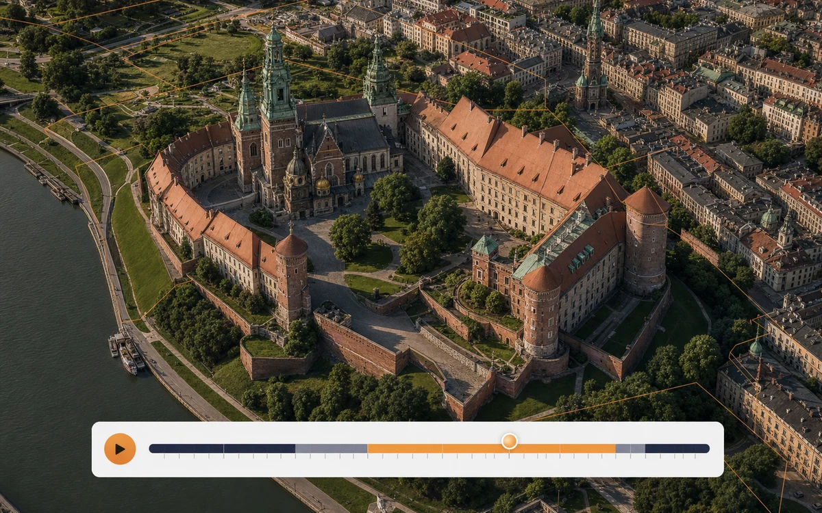 Fotogrametryczny model Wawelu w Krakowie z granicami działek, kierunkowym cieniem budynków i suwakiem przebiegu dnia