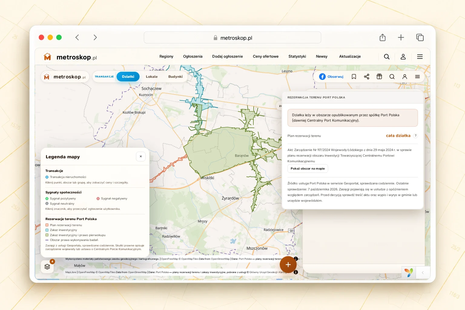 Mapa Metroskopu z obszarami Port Polska koło Baranowa i Wiskitek, legendą rezerwacji terenu oraz kartą „Rezerwacja terenu Port Polska” ze strony działki