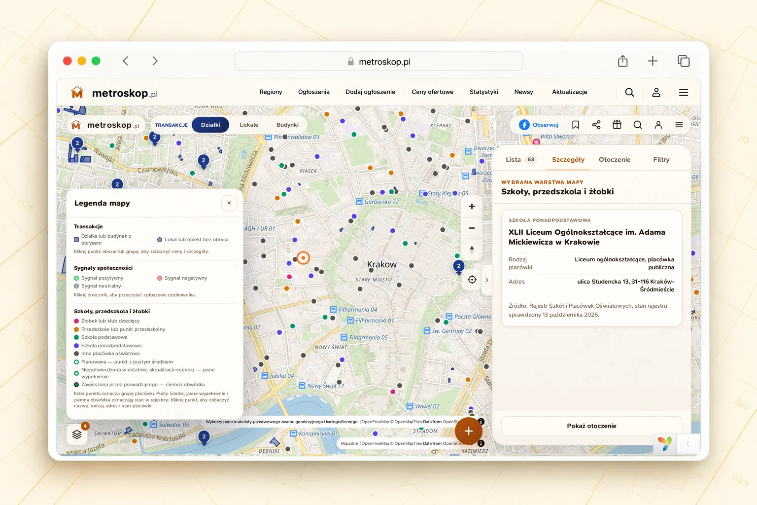 Mapa Metroskopu z punktami szkół, przedszkoli i żłobków w centrum Krakowa, legendą grup i stanów placówek oraz kartą XLII Liceum Ogólnokształcącego im. Adama Mickiewicza