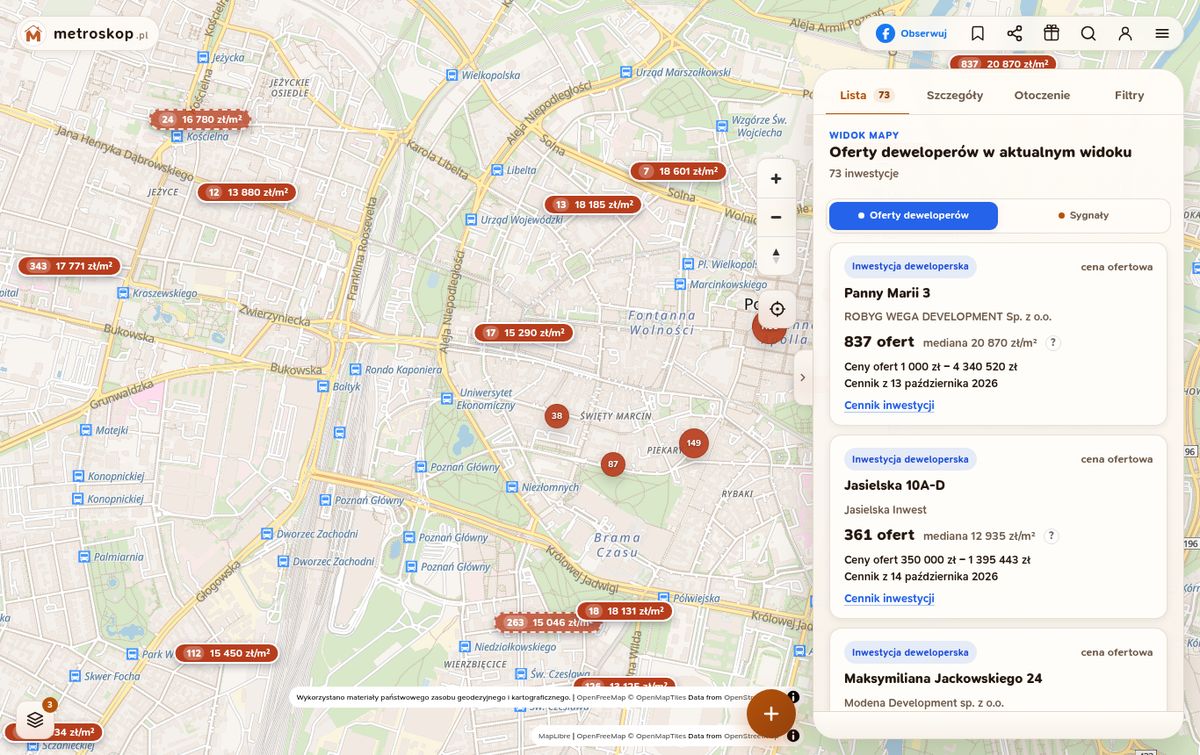 Inwestycje deweloperów na mapie Metroskopu w Poznaniu: liczba ofert i mediana ceny ofertowej za metr kwadratowy przy każdej inwestycji oraz karty inwestycji z datą cennika.